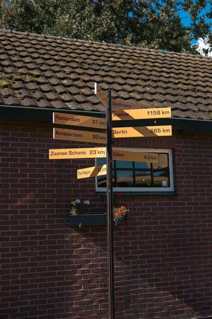 Signpost shows distances to various cities and towns.